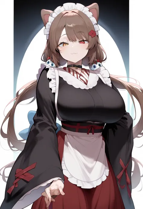  ultra-realistic , , flower,  twin tails, low  twin tails,  very long hair, Dog girl 、  the girl is standing  、 Brown Hair、
 choker,  maid headdress,  black kimono,  wide sleeve , frills, heart,   white apron  , Sleeves are longer than the wrist,  skirt, r...