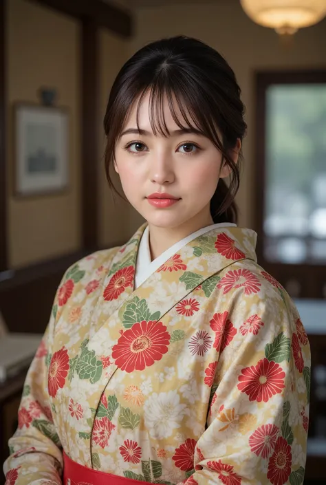 (((full body))), best quality, masterpiece, super high resolution, beautiful Japanese girl, Kind Face, green eyes, kind smile, Curvy Body, big boobs, updo brown hair, Japanese female Cloth Outfit, Japanese kimono, In Old Japanese-style Room, night:1.2,