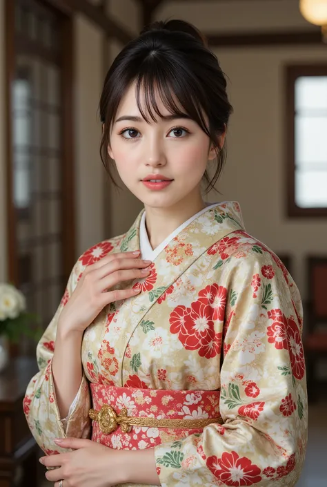 (((full body))), best quality, masterpiece, super high resolution, beautiful Japanese girl, Kind Face, green eyes, kind smile, Curvy Body, big boobs, updo brown hair, Japanese female Cloth Outfit, Japanese kimono, In Old Japanese-style Room, night:1.2,
