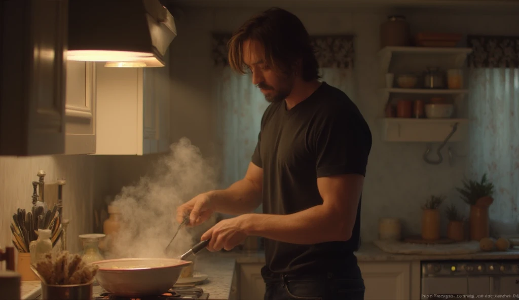 A man resembling Keanu Reeves, wearing a simple black T-shirt and jeans, standing in his kitchen while cooking pasta. Steam rises from the pot, with warm light from overhead fixtures creating a cozy, photo-realistic atmosphere filled with everyday details.