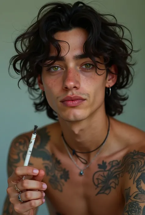 20 year old Mexican male named Nicholas Trenton. He has shoulder length dark curly hair, shiny green eyes, and a soft, sharp facial structure. His skin is pale and he has several tattoos. He is slim and stands at 6'0". In the image, he should be portrayed ...