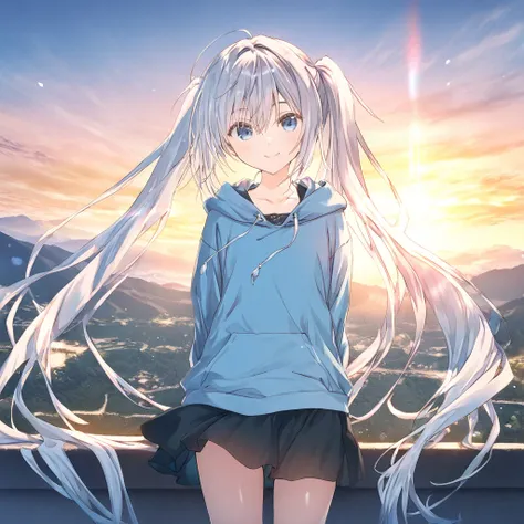 1girl, cute, blue Hoodie, 8k, High quality, Black skirt, Long bang, beautiful, sunrise, white hair, gradient blue eyes, flat breast, flat chest, casual ourfits, very long twintails hair, Shiny eyes, Smiles crafty, wind,fantasy, game CG, break,(artist:mitsu...