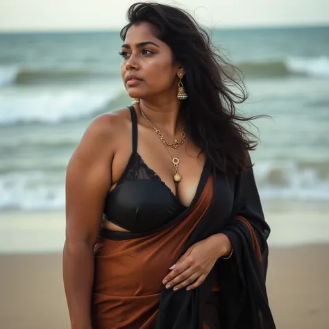 Photoshoot of A 30 year old busty voluptuous indian  woman with large breasts in a brown and black saree that draped seducingly , tired look on face , sweat ,low v cut blouse, sexy hips , sexy waist and navel ( sleeping in beach )