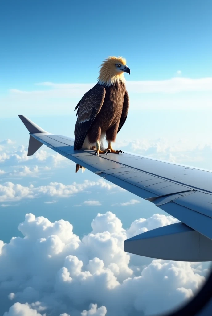 "From the perspective of an airplane passenger looking out of the window, a majestic eagle bird stands fearlessly on the wing of the flying aircraft. The wind ruffles its golden mane as it gazes into the horizon with a powerful and regal stance. The vast s...