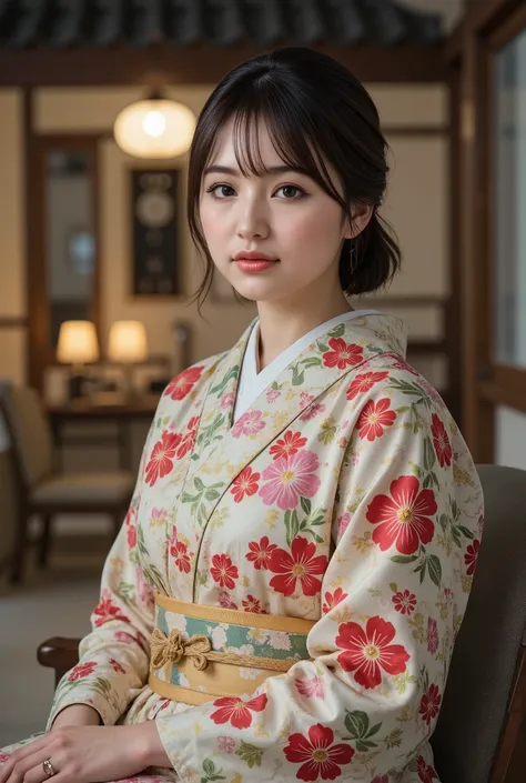 (((full body))), best quality, masterpiece, super high resolution, beautiful Japanese girl, Kind Face, green eyes, kind smile, Curvy Body, big boobs, updo brown hair, Japanese female Cloth Outfit, Japanese kimono, In Old Japanese-style Room, night:1.2,