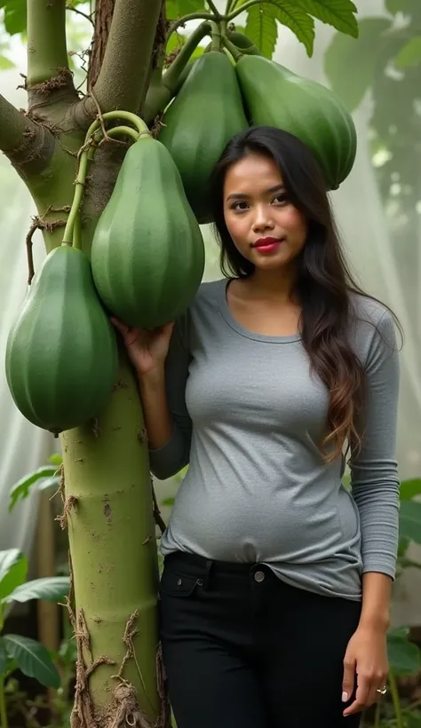 " A young Indonesian woman with a curvaceous body and large breasts stands next to a papaya tree. The woman's face turned red .  The woman is wearing a grey long-sleeved shirt and black trousers .  The papaya tree had several large green papaya fruits .  T...