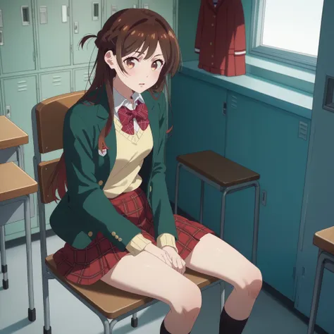 Parted lips,
Alone,
Chizuru Ichinose, 1 girl, brown hair, long hair, French Braid , brown eyes,
 school uniform , green jacket, yellow sweater , bow tie,
  plaid skirt that breaks small breasts, red skirt,
 Black Sox,
 indoors,chair,machine, locker,  windo...