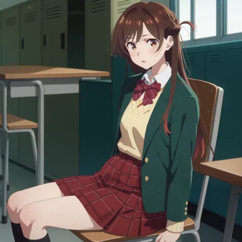 Parted lips,
Alone,
Chizuru Ichinose, 1 girl, brown hair, long hair, French Braid , brown eyes,
 school uniform , green jacket, yellow sweater , bow tie,
  plaid skirt that breaks small breasts, red skirt,
 Black Sox,
 indoors,chair,machine, locker,  windo...