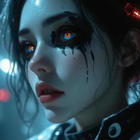 anime artwork, commercial portrait, (full body shot:1.6), cyberpunk style, 1girl, white face paint, black bleeding mascara, perfect anatomy, posing for the camera, stunningly beautiful, perfect face, glowing eyes, intricate details, ultra-realistic, high s...