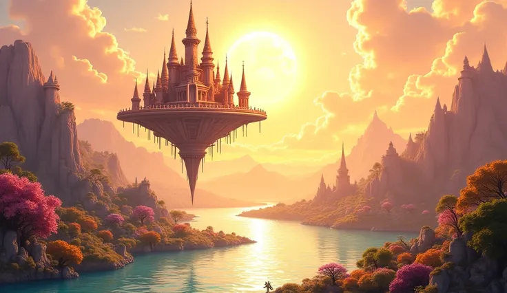 A 3D  cartoon image of a magical place where grand palace is floating in the air, rivers shine like gold, 