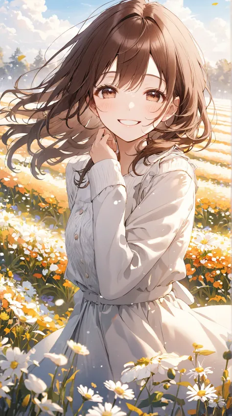  Clear Days 、 Flower Field 、Brown hair swaying in the cold、smile　1 person　 beautiful woman　 top quality