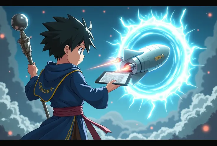 Japanese animation art.
A futuristic young boy magician is casting a powerful spell, summoning a massive missile from a glowing portal. He holds a metallic staff emitting arcane energy in one hand while controlling a floating tablet with an installed spell...