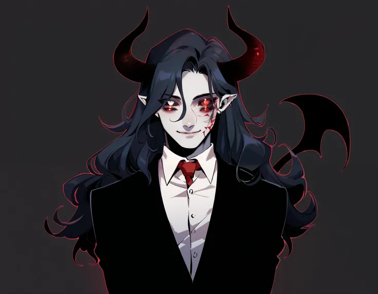  30-year-old male, devil, pale skin,  dark shadows that highlight his face ,  pretty face,  little bad smile . 10 eyes on the face ,  of black sclera and red pupils .  black and wavy hair, long hair down to waist,  large black horns with a crimson tip , po...