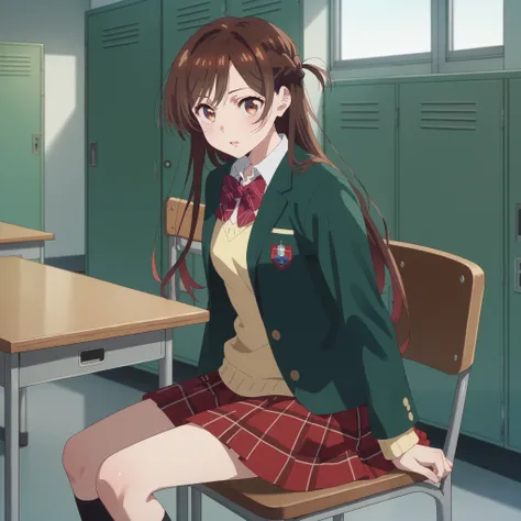 Parted lips,
Alone,
Chizuru Ichinose, 1 girl, brown hair, long hair, French Braid , brown eyes,
 school uniform , green jacket, yellow sweater , bow tie,
  plaid skirt that breaks small breasts, red skirt,
 Black Sox,
 indoors,chair,machine, locker,  windo...