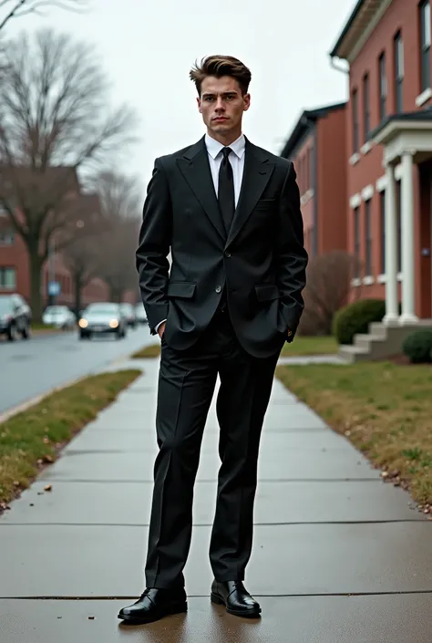 there is a man standing on a sidewalk in a suit, an album cover inspired by Adam Dario Keel, instagram, surrealism, wearing causal black suits, in a suit, declan mckenna, wearing black suit, in a black suit, he is wearing a suit, wearing a black suit, wear...