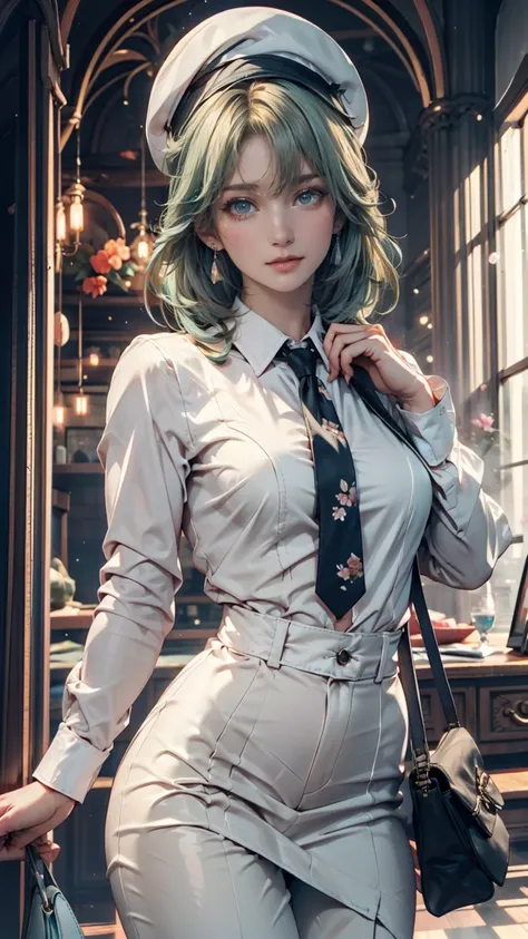  1 girl, ( bags under eyes:1.5),  mint green hair, twin_ braided,  White Beret ,  white shirt, Floral tie、(( top quality, 8k,  masterpiece :1.3)),  sharp concentration :1.2,  perfect body beauty: 1.4,  slim abs: 1.2,  24-year-old white woman 、 long eyelash...