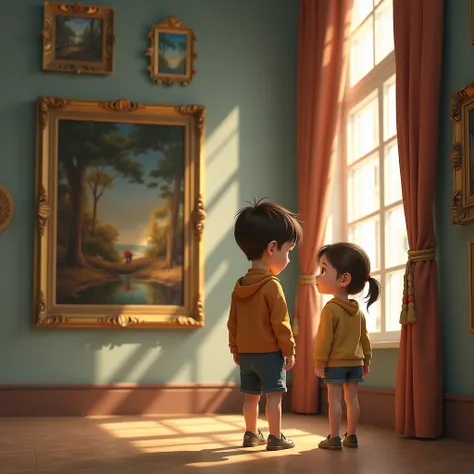 A boy and a girl look at a painting