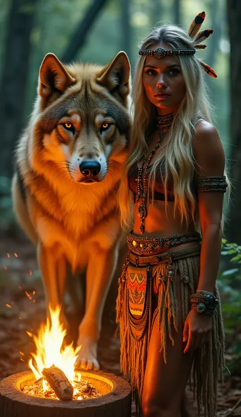 A mystical tribal warrior woman with long blonde hair adorned with beads and feathers, standing confidently next to a massive golden wolf with piercing amber eyes, both illuminated by the warm glow of a campfire in an enchanted forest setting, wearing intr...