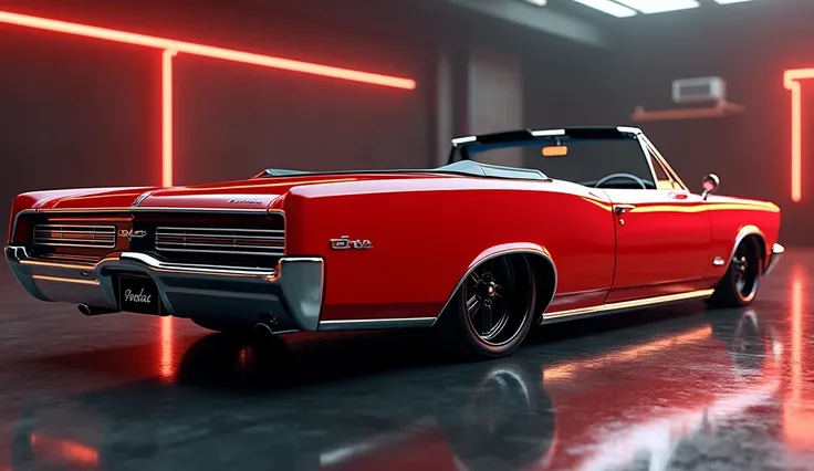 create an ultra-detailed 3D render, of a modern 1965 Pontiac GTO convertible with a bold design looking long like limousine captured from close full back right side view .The car should feature a 'Red color and black accents with a  Pontiac GTO' logo on it...