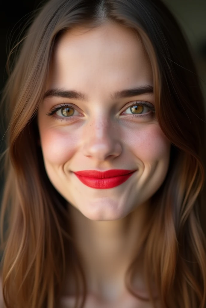 Ultra detailed, high resolution, 8k, Close up of the pretty smiling face of my 18yo English daughter who looks similar to Emma Watson, brown eyes, long straight brunette hair, she is wearing bright red lipstick