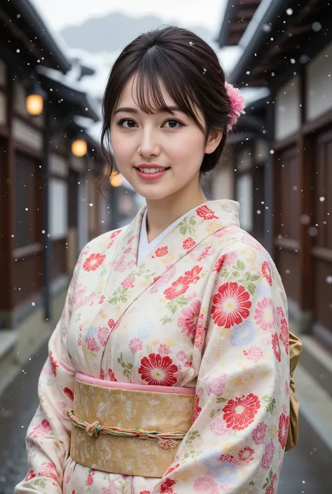 (((full body))), best quality, masterpiece, super high resolution, beautiful Japanese girl, Kind Face, green eyes, kind smile, Curvy Body, big boobs, updo brown hair, Japanese female Cloth Outfit, Japanese kimono, In Old Japanese-style street, snow, night:...