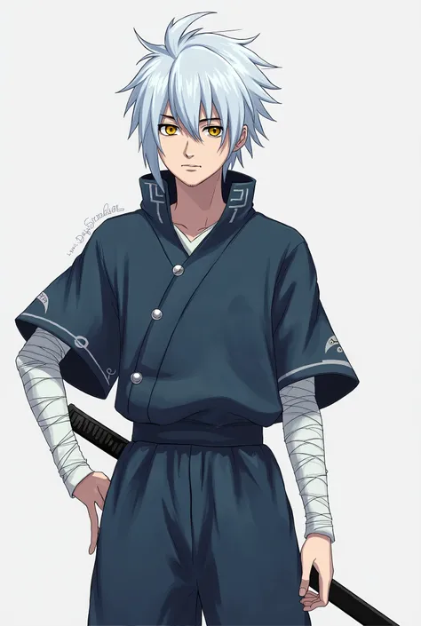  Generate a Naruto-style character with the following Details Kagero is a young man with a slim but agile build,  with a posture that reveals his distrust of others .  His hair is white with bluish reflections ,  shirt and his eyes are golden , But when he...