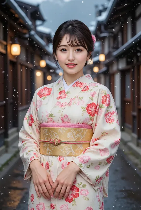 (((full body))), best quality, masterpiece, super high resolution, beautiful Japanese girl, Kind Face, green eyes, kind smile, Curvy Body, big boobs, updo brown hair, Japanese female Cloth Outfit, Japanese kimono, In Old Japanese-style street, snow, night:...