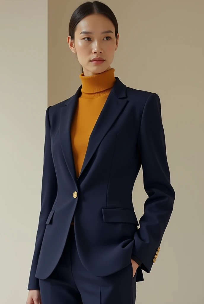 A suit with navy blue and gold with a turtleneck top
