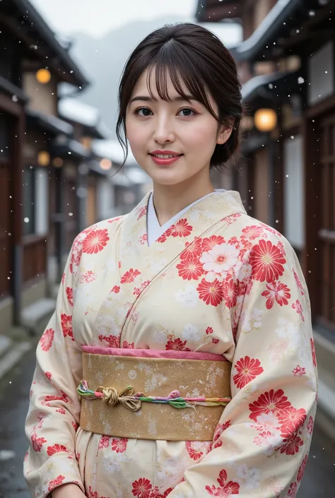 (((full body))), best quality, masterpiece, super high resolution, beautiful Japanese girl, Kind Face, green eyes, kind smile, Curvy Body, big boobs, updo brown hair, Japanese female Cloth Outfit, Japanese kimono, In Old Japanese-style street, snow, night:...