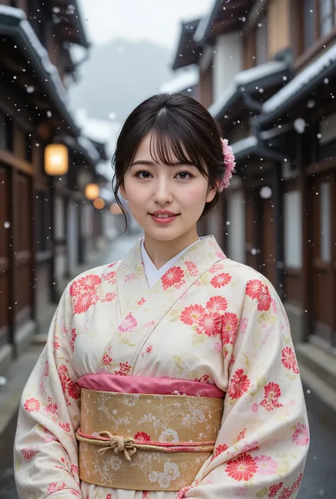 (((full body))), best quality, masterpiece, super high resolution, beautiful Japanese girl, Kind Face, green eyes, kind smile, Curvy Body, big boobs, updo brown hair, Japanese female Cloth Outfit, Japanese kimono, In Old Japanese-style street, snow, night:...