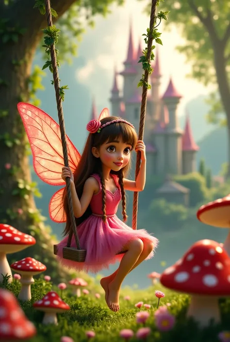 Disney Pixar-like image of a fairy  with long brown hair with bangs and brown eyes wearing a pink dress sitting on a swing in a mystical grove with mushrooms and flowers with a castle in the background and with some delicate fairies sem seios