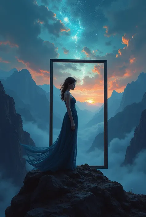 Pretty woman, eyes with light reflections Surreal sky above the darkness. She is standing on a mountain and looking through a picture frame. Art: Gerald Brohm. Surreal mountain landscape.