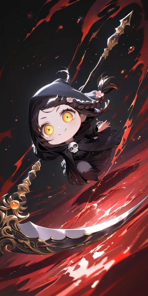 solo,1girl\(grim reaper,cute,kawaii,(chibi),hair color white,braid hair,messy hair,eye color cosmic,detailed eyes,white skin,pale skin,big soft kind smile,enjoy,full body,wearing Grim Reaper's black Robe,(black hood:1.2),holding scythe,flower hair ornament...