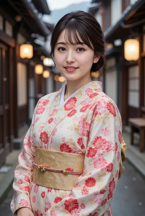 (((full body))), best quality, masterpiece, super high resolution, beautiful Japanese girl, Kind Face, green eyes, kind smile, Curvy Body, big boobs, updo brown hair, Japanese female Cloth Outfit, Japanese kimono, In Old Japanese-style street, night:1.2,