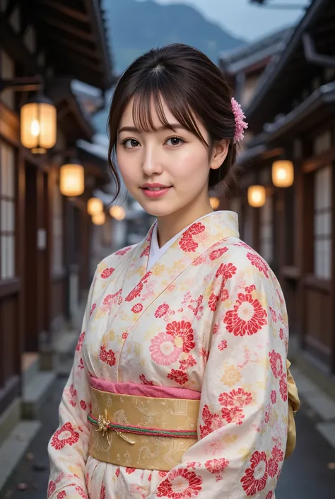 (((full body))), best quality, masterpiece, super high resolution, beautiful Japanese girl, Kind Face, green eyes, kind smile, Curvy Body, big boobs, updo brown hair, Japanese female Cloth Outfit, Japanese kimono, In Old Japanese-style street, night:1.2,