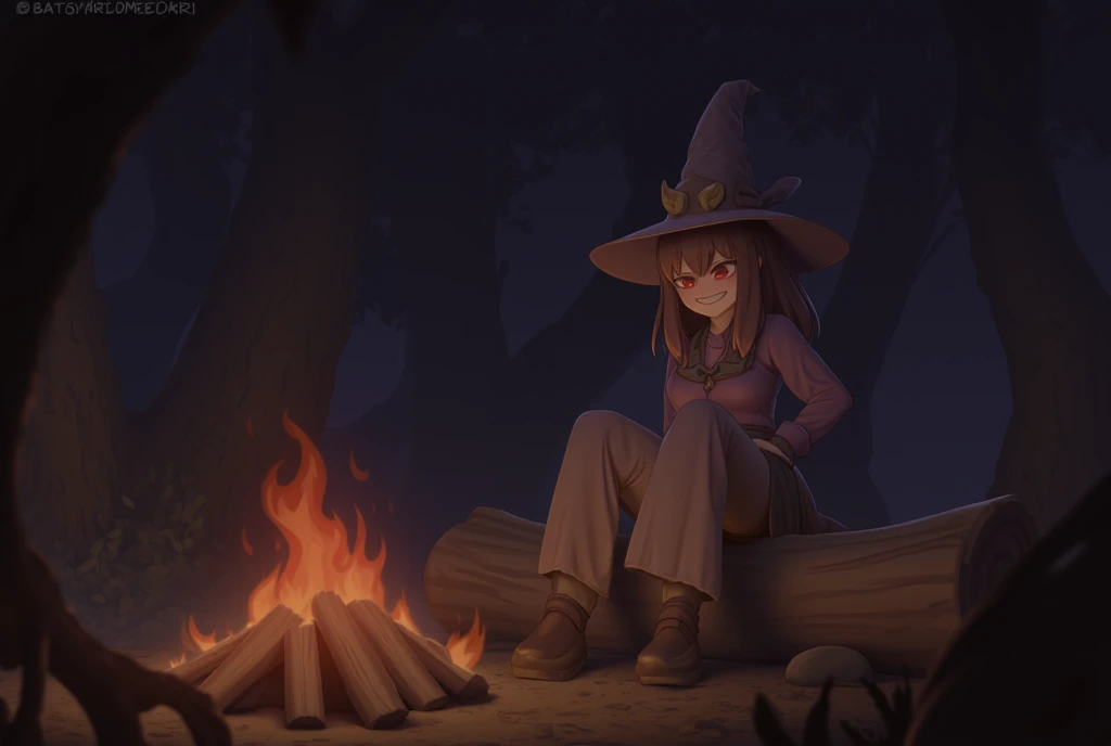 solo, looking at viewer, rating:general, 1girl, brown hair, red eyes, witch hat, dark mage, art by bartolomeobari, dark fantasy setting, bartolomeobari, evil grin, sitting on log, forest background, ((dark theme, dark background)), arms behind back, crazy ...