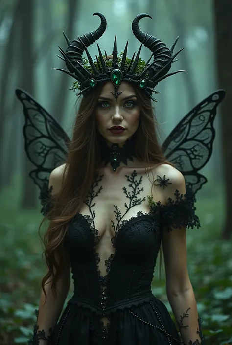 a dark gothic fairy queens crown made with twigs and vines and spikes and black and green  stones spikes and horns woman with long brown hair and blue eyes naked with vines creeping over her body with diamond beading. black lace and spiders web wings that ...