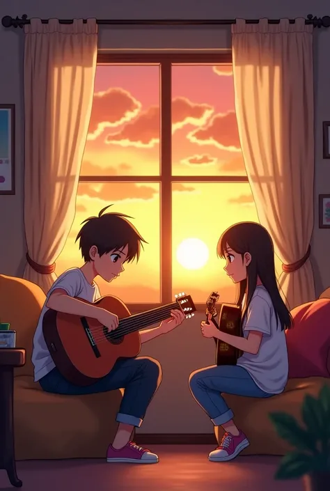 In anime art style, A teenage girl and a boy in a room sitting together while the boy plays guitar, and a sunset behind the windows