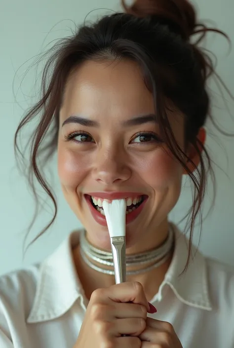 Generate a 3/4 profile of a woman’s face smiling while proudly displaying a white paintbrush permanently glued between her teeth and her hands tied behind her back 