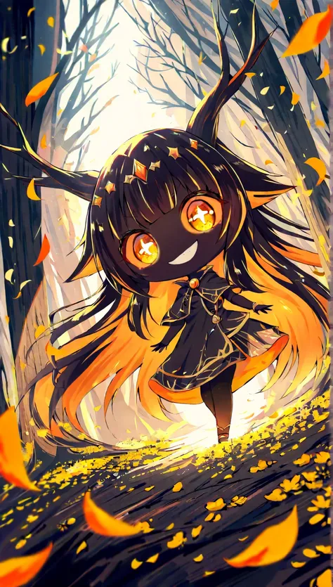 (solo:1.3), 1girl\(hzk,devil,chibi,pure black skin,cute,kawaii,big eyes,evil smile,long nail,orange eyes,orange sclera,detailed pupils, (looking down),wearing capelet\(very big,(very long),Tattered\), (backlit),\). BREAK .background\(refreshing mood,(petal...