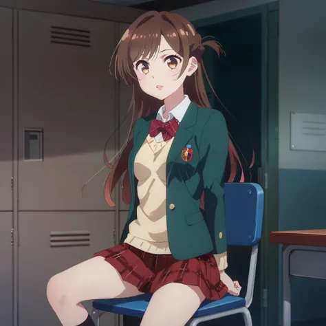 Parted lips, Alone, Chizuru Ichinose, 1 girl, brown hair, long hair, French Braid , brown eyes, school uniform , green jacket, yellow sweater , bow tie, plaid skirt that breaks small breasts, red skirt, Black Sox, indoors,chair,machine, locker, window...