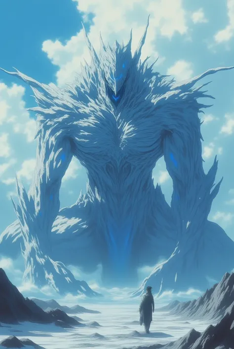 Create a colossal immortal being he is 2000 meters tall, He has white skin with scales with blue details, Do you have blue eyes shining, 