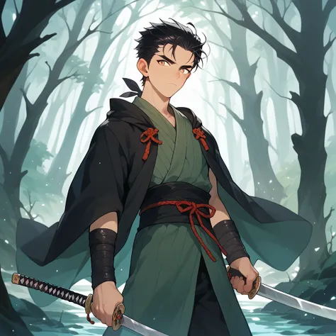 young man with calm face ,Male Dark, dark Woods,Red & Black colors, pale eye, samurai dnd, ronin background, hold katana in right hand