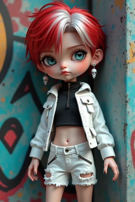 3D animation, bjd style,  boy, red and white gradient hair color, blue eyes, cold expression, white skull earrings, high-neck long-sleeved top, black ribbon, short-cut top, white long-sleeved jacket with multi-pocket design , short collared jacket, puffy l...