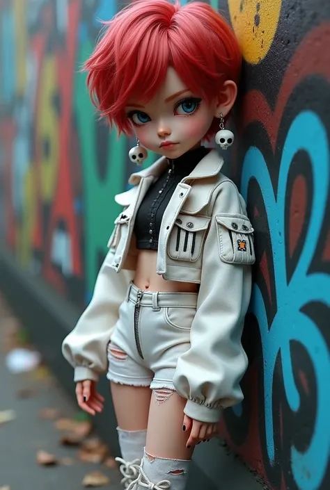 3D animation, bjd style,  boy, red and white gradient hair color, blue eyes, cold expression, white skull earrings, high-neck long-sleeved top, black ribbon, short-cut top, white long-sleeved jacket with multi-pocket design , short collared jacket, puffy l...