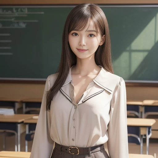 A woman taking a lecture at a university, viewed diagonally from the front and from above, wearing a brown knit sweater with a loose neckline, (downblouse:1.6), layered style, white lace bra I could see a glimpse of her, wearing a white skirt. , from head ...