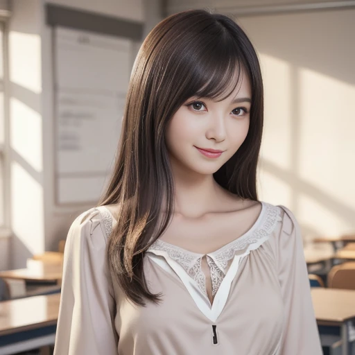 A woman taking a lecture at a university, viewed diagonally from the front and from above, wearing a brown knit sweater with a loose neckline, (downblouse:1.6), layered style, white lace bra I could see a glimpse of her, wearing a white skirt. , from head ...