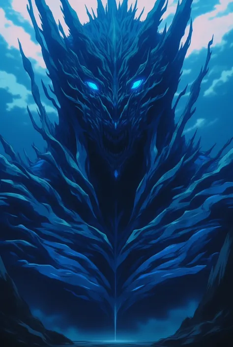 Create a colossal immortal being he is 2000 meters tall, He has black skin with scales with blue details, Do you have blue eyes shining, 