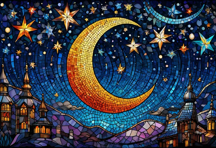 Picture of a crescent moon painting with stars and moon in the sky,  pointillism by Julia Pishter  ,  Shutterstock, Space Art,  stained glass art,  Vector art by  ,  stained glass style,   sparkling stained glass background , Moon and Stars,  painting on g...