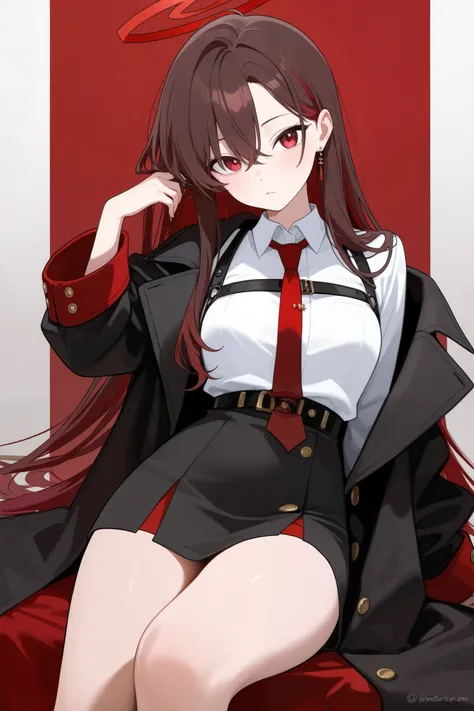 1 girl, Hair length reaches the back, Brown hair and red hair on the edges of the hair, red eyes, but not bright, wear a sexy queen coat, หน้าอกไซส์ปานกลาง, have a red halo